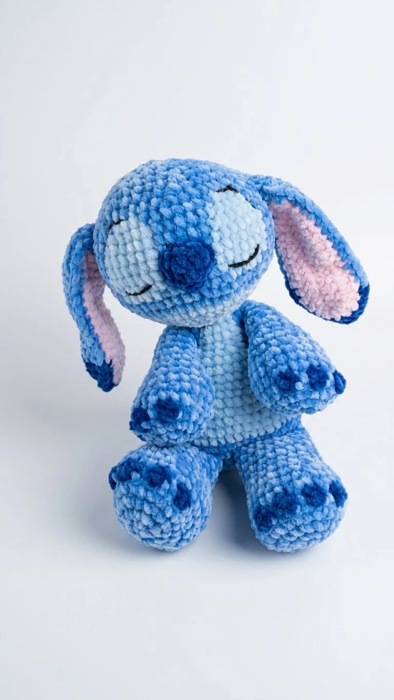 Stitch: Eine blaue Fantasiefigur mit großen Ohren und heller Bauchpartie. Ansicht 1.