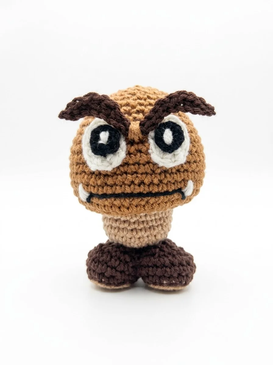 Gumba: Eine kleine braune Figur mit großen Augen und dunklen Füßen. Ansicht 1.