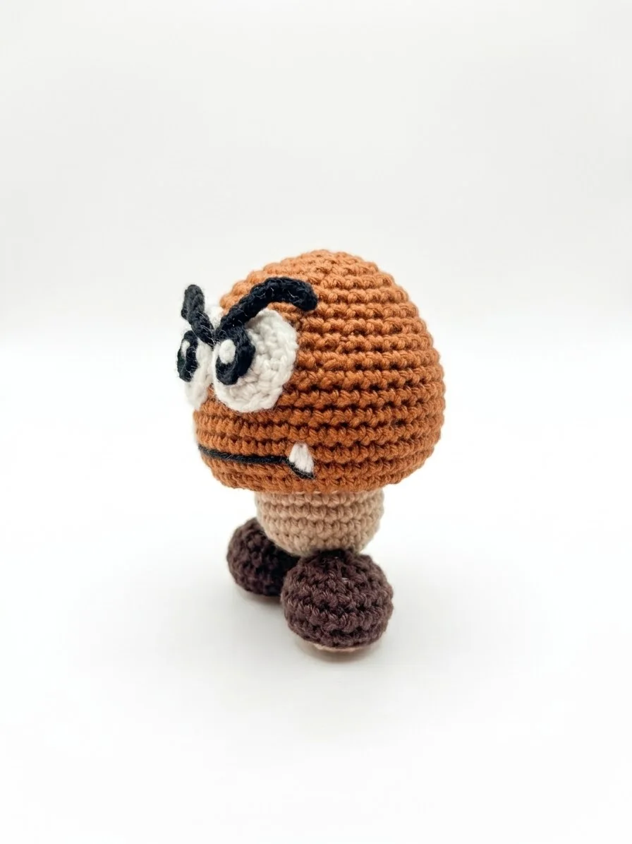 Gumba: Eine kleine braune Figur mit großen Augen und dunklen Füßen. Ansicht 2.