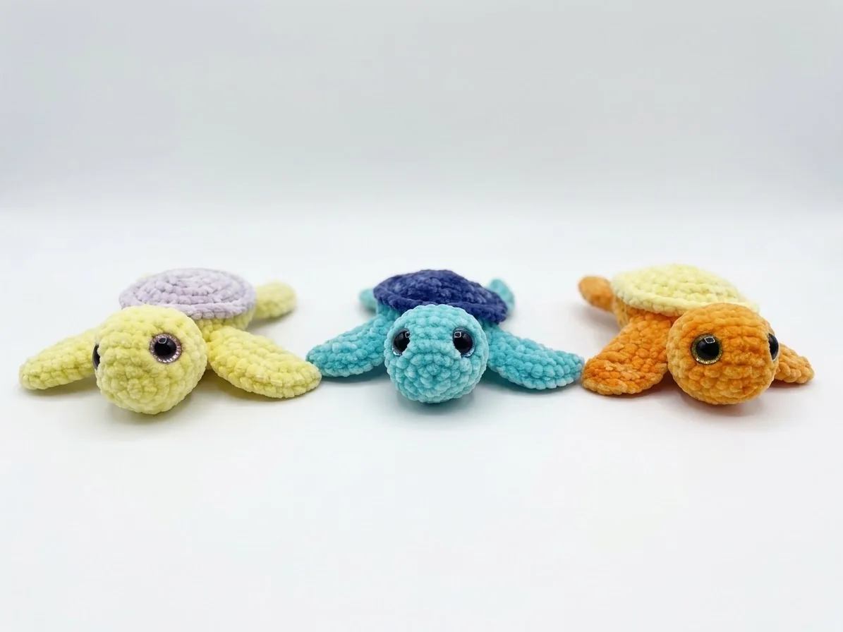 Kleine Schildkröten mit bunten Panzern und kurzen Flossen. Ansicht 1.