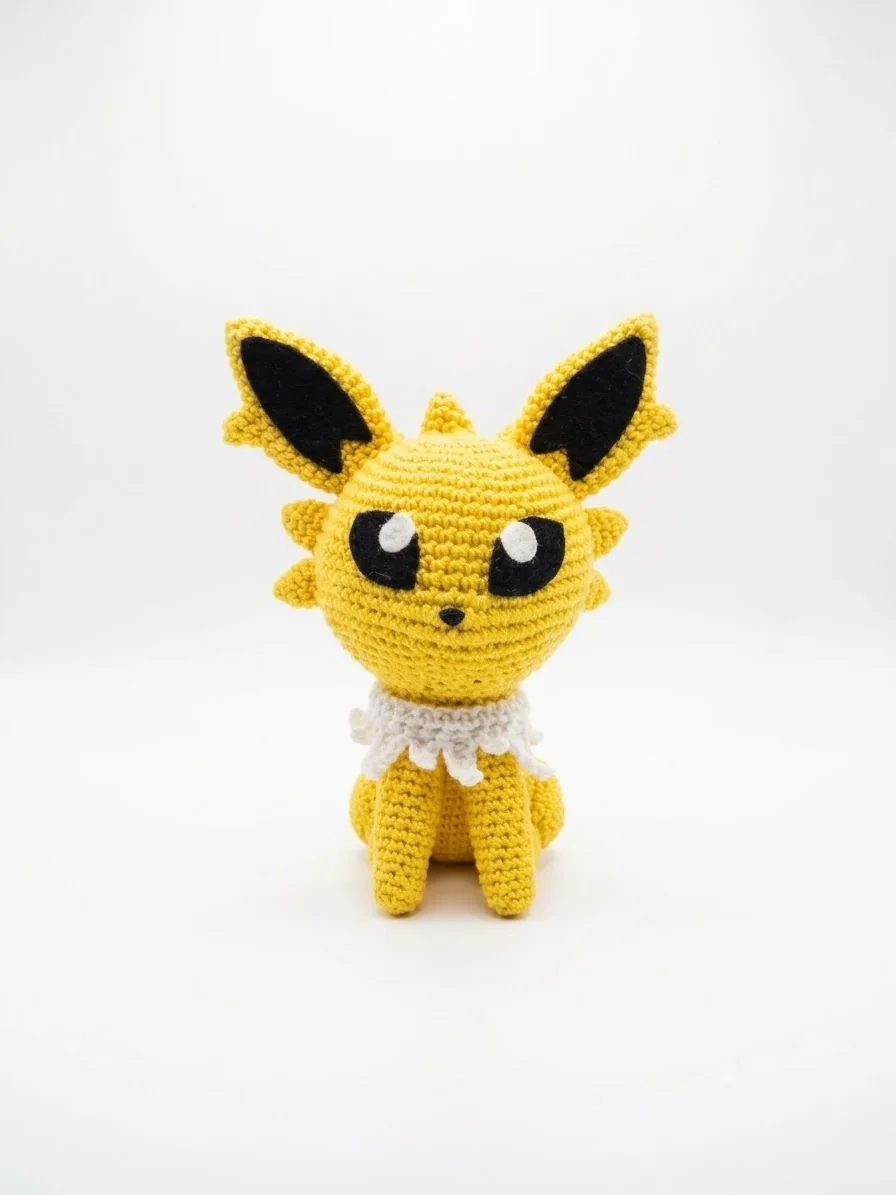 Pikachu: Eine gelbe Figur mit langen Ohren, roten Wangen und gezacktem Schweif. Ansicht 2.