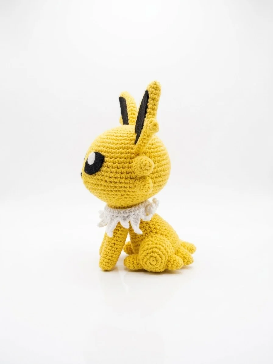 Pikachu: Eine gelbe Figur mit langen Ohren, roten Wangen und gezacktem Schweif. Ansicht 3.