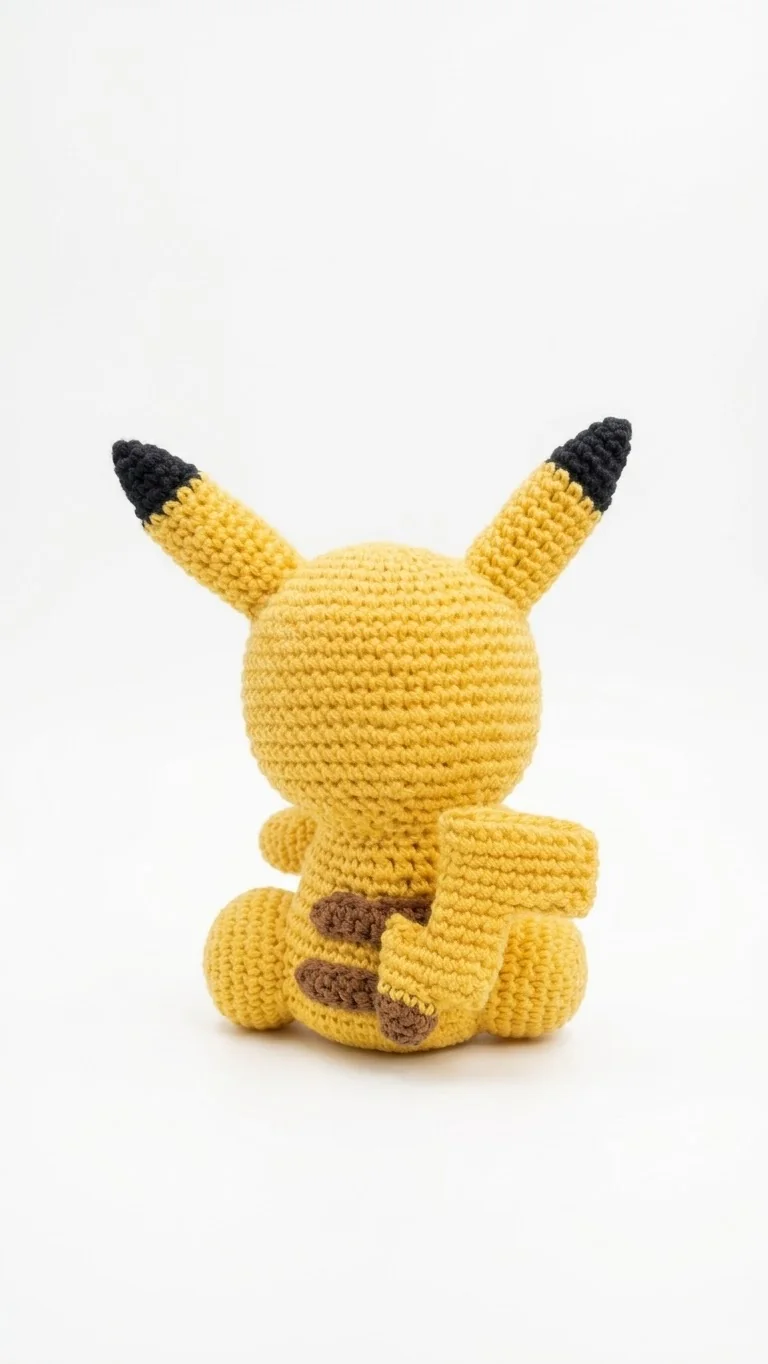 Pikachu: Eine gelbe Figur mit langen Ohren, roten Wangen und gezacktem Schweif. Ansicht 4.