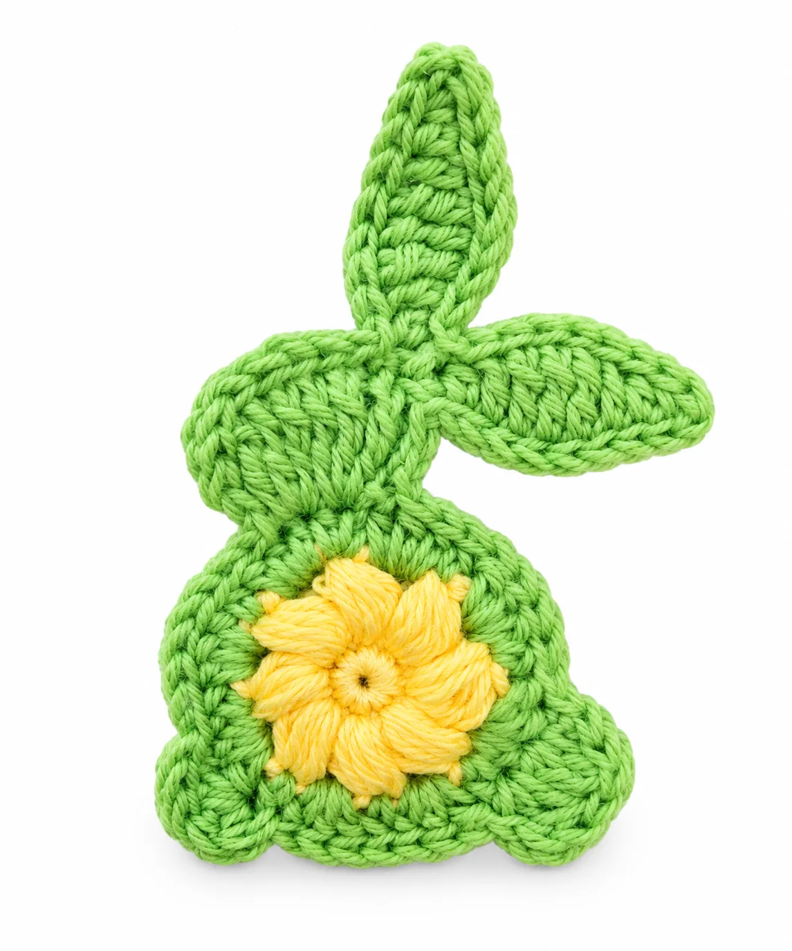 Krog: Eine kleine grüne Figur mit Blattkragen und gelbem Gesicht. Ansicht 1.