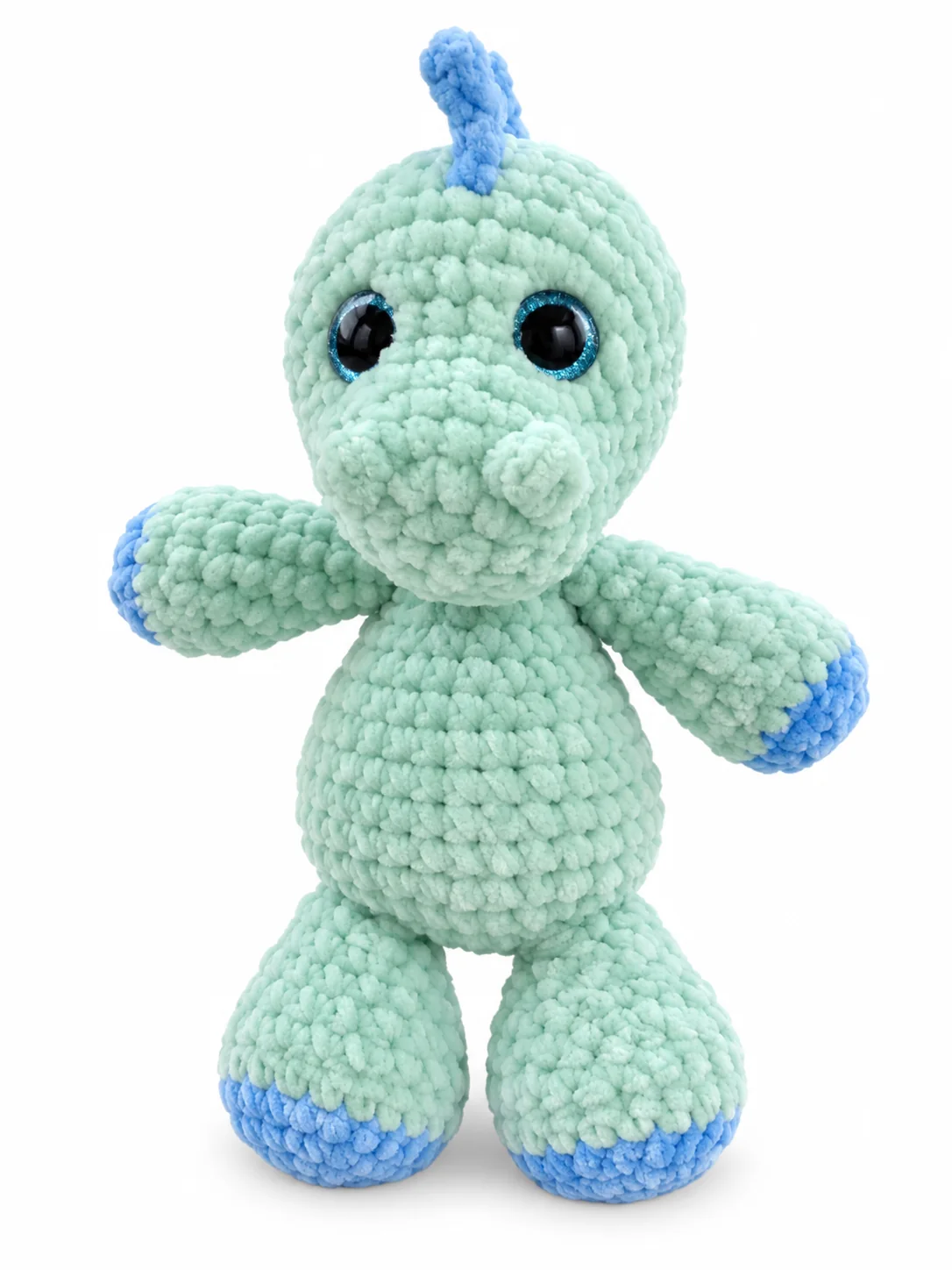 Kleine Dinosaurier in verschiedenen Farben mit runden Bäuchen und bunten Rückendetails. Ansicht 1.