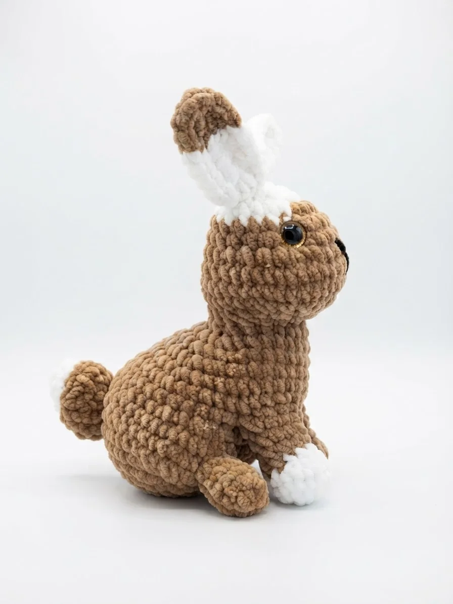 Ein brauner Hase mit langen hellen Ohren und kleinem weißem Schwänzchen. Ansicht 2.
