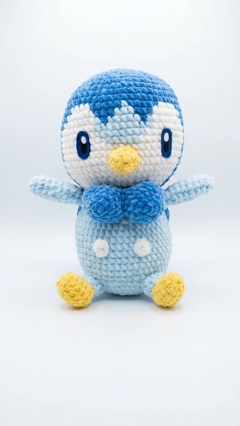 Plinfa: Ein kleiner blauer Pinguin mit weißem Gesicht und gelben Füßen. Ansicht 1.