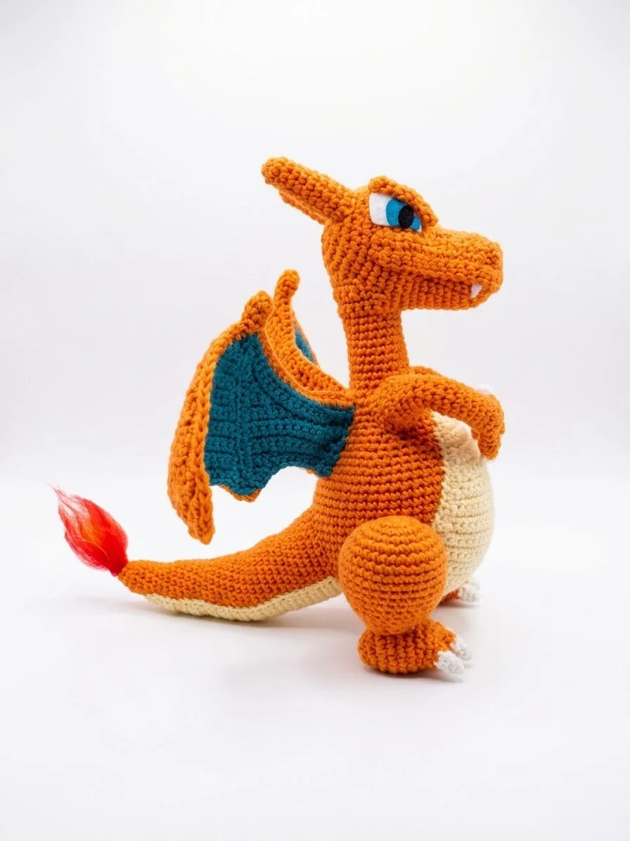 Glurak: Ein orangefarbener Drache mit dunklen Flügeln und heller Bauchpartie. Ansicht 2.