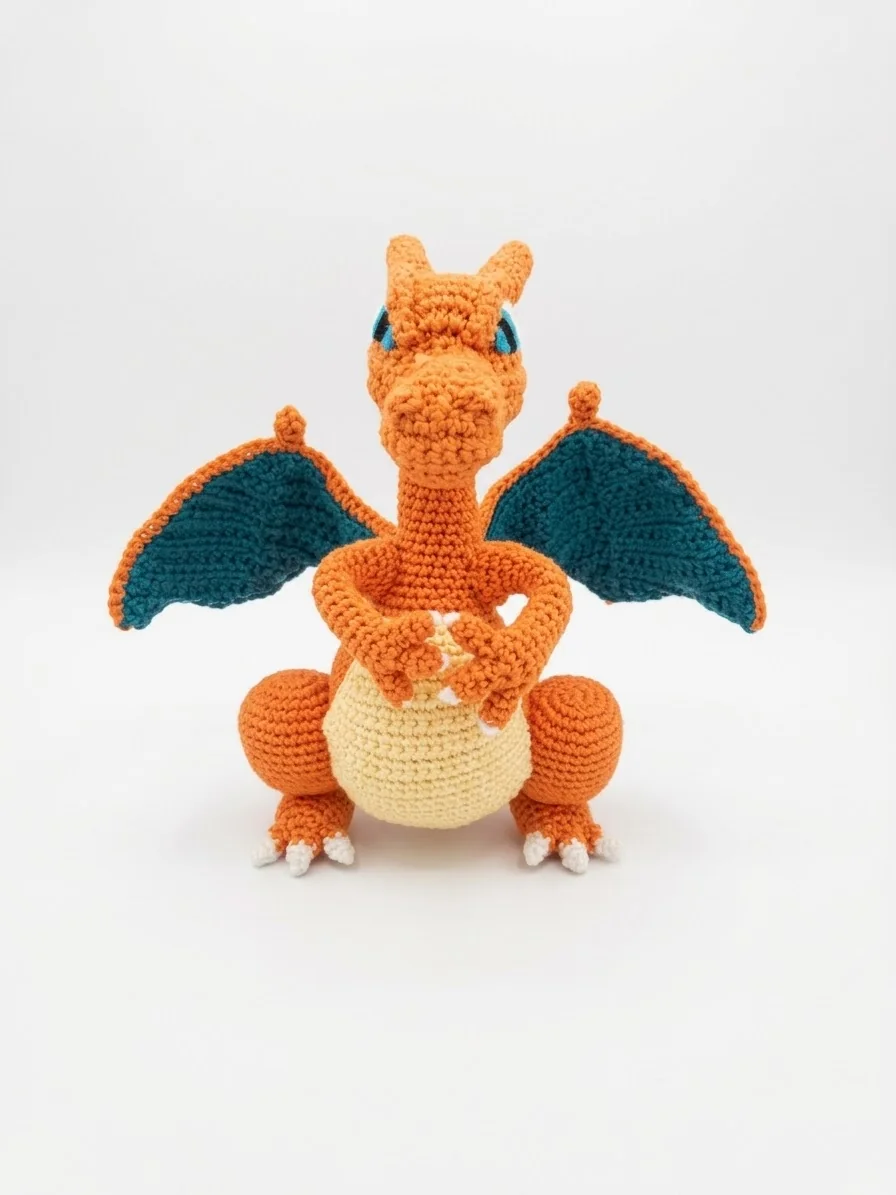 Glurak: Ein orangefarbener Drache mit dunklen Flügeln und heller Bauchpartie. Ansicht 3.