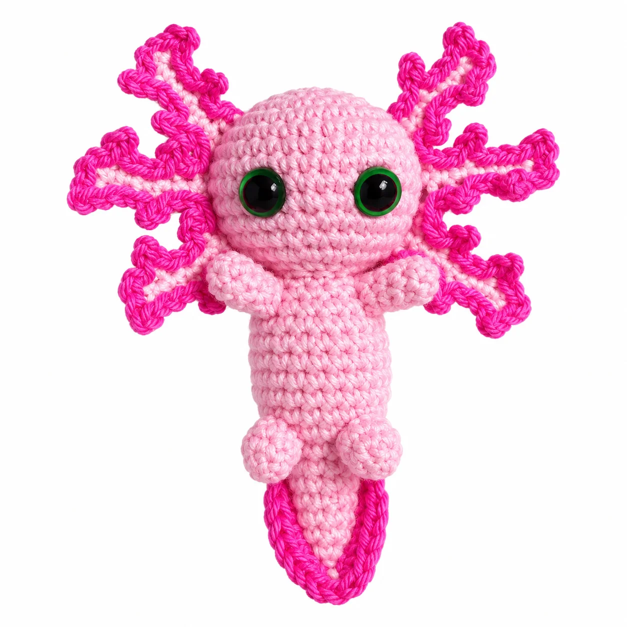 Ein rosa Axolotl mit großen Augen und seitlichen Kiemenästen. Ansicht 1.
