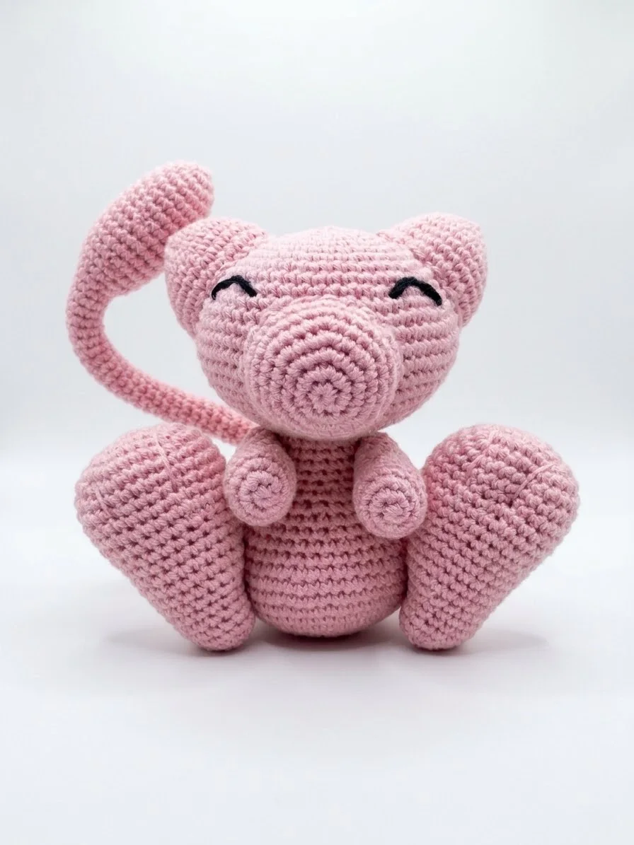 Mew: Eine rosa Figur mit großen Ohren, kleinen Pfoten und langem gebogenem Schwanz. Ansicht 1.