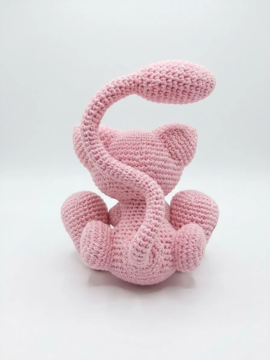 Mew: Eine rosa Figur mit großen Ohren, kleinen Pfoten und langem gebogenem Schwanz. Ansicht 3.