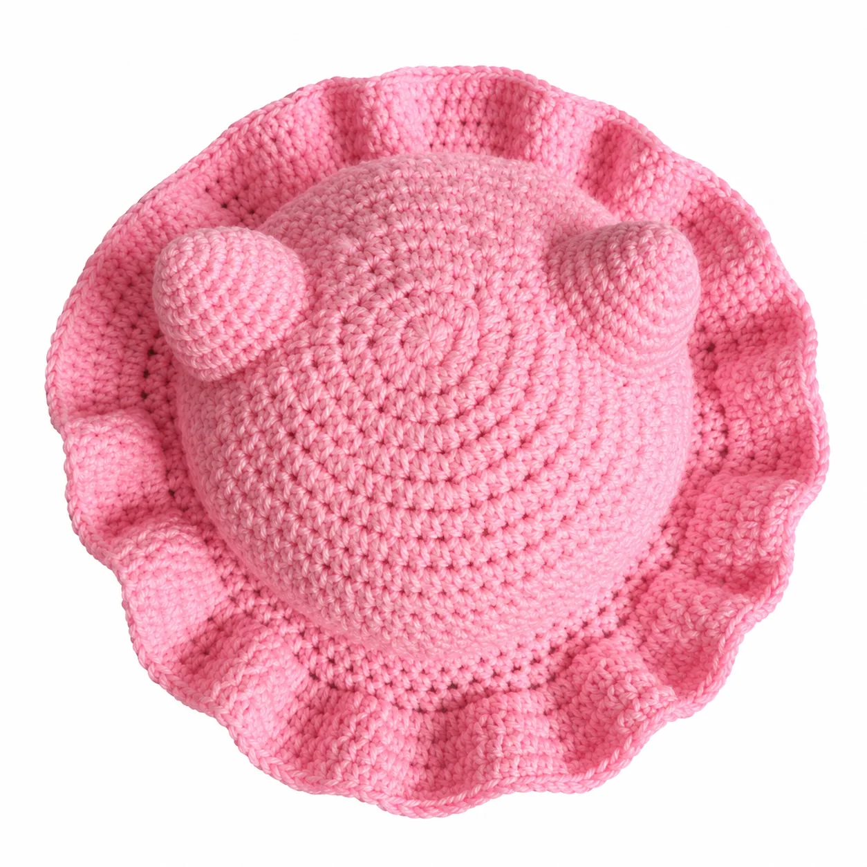 Ein runder rosa Oktopus mit kurzen, geschwungenen Armen. Ansicht 1.