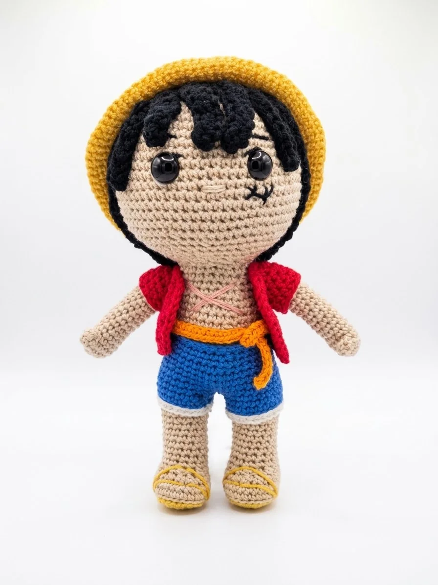 Ruffy mit Strohhut: Eine kleine Figur mit Strohhut, schwarzem Haar und roter Weste. Ansicht 2.