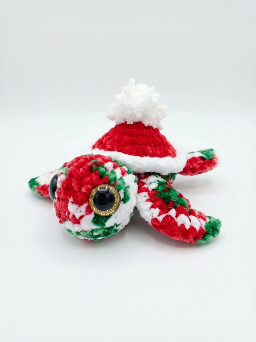 Ein rot-grüner Oktopus mit weißem Besatz und kleiner Weihnachtsmütze. Ansicht 1.