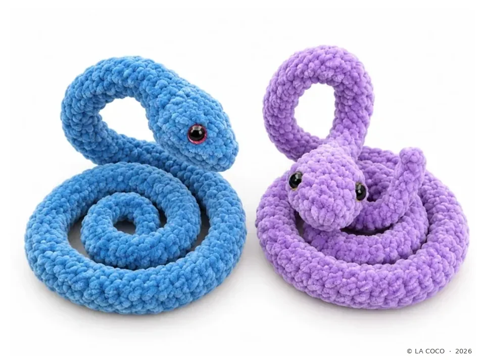Blaue und lilafarbene gehäkelte Schlange nebeneinander