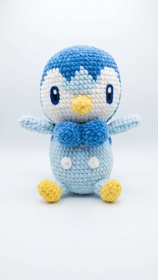 Plinfa: Ein kleiner blauer Pinguin mit weißem Gesicht und gelben Füßen. Ansicht 1.