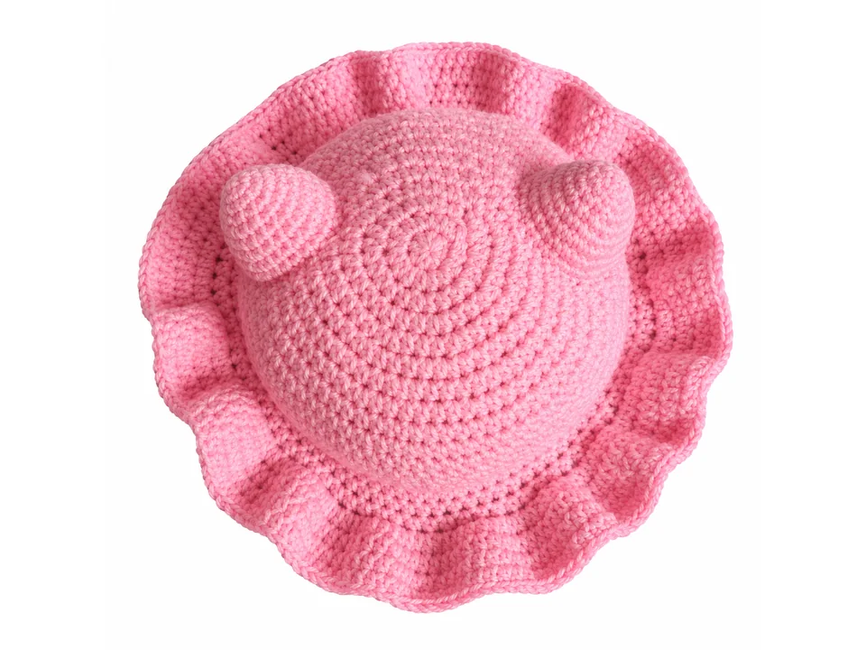 Ein runder rosa Oktopus mit kurzen, geschwungenen Armen. Ansicht 1.
