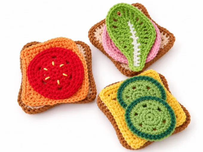 Kinderküche – Gehäkelte belegte Brote mit farbigem Gemüsebelag