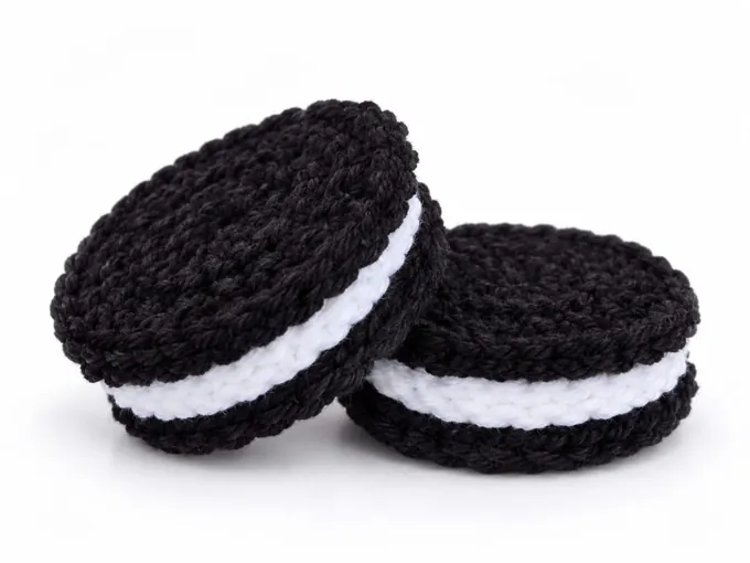 Kinderküche – Zwei schwarze gehäkelte Sandwichkekse mit weißer Füllung