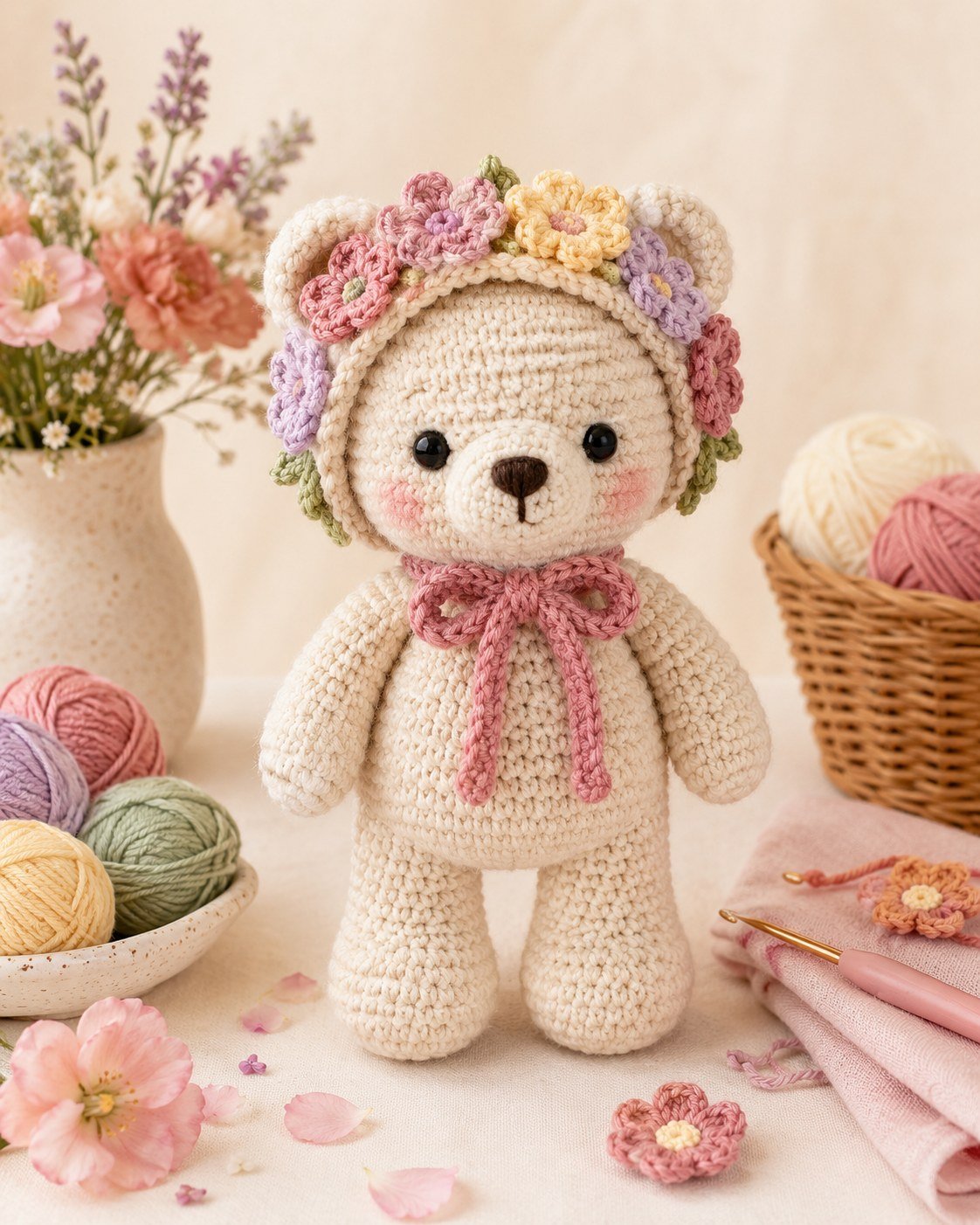 Cremefarbener gehäkelter Teddybär mit pastellfarbener Blumenhaube und rosafarbener Schleife